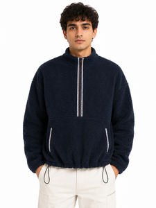 <b>Men's</b> Premium Navy Blue Sherpa Fleece <b>Half</b> <b>Zip</b> Pullover Sweatshirt Warm Teddy <b>Jacket</b> Soft Winter Breathable Washed Zipper High - Product Image 1