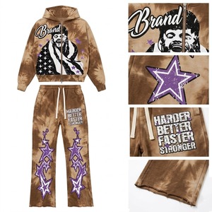 Sudadera con capucha y cremallera personalizada, color marrón, con efecto tie-dye, bordada, con estampado de retrato artístico y detalles de estrellas, estilo oversize, moderno y urbano. - Product Image 3
