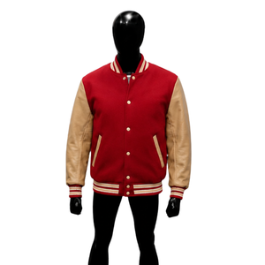Chaqueta Varsity Roja de Lana con Mangas de Cuero Beige, Chaqueta Bomber de Béisbol Personalizada con Letras, para Hombre y Mujer, Venta al Por Mayor, Estilo Clásico - Product Image 1
