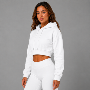 <b>Women</b> Cotton Casual Crop <b>Hoodie</b> <b>White</b> Solid Color Full Sleeve Hooded Sweatshirt Fleece Breathable Loose Fit Autumn Wear - Product Image 3