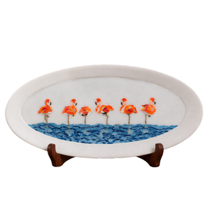 Plateau de service décoratif artisanal géométrique moderne en marbre Pietra Dura avec incrustation de flamants roses - Product Image 3