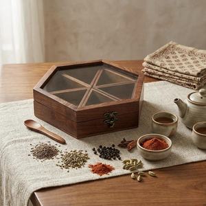 Handcrafted Hexagon <b>Spice</b> <b>Box</b> | Sheesham Wood Masala Dabba 6 Compartment Organizer - Product Image 3