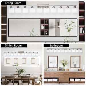 Lampada da parete moderna a 10 luci per bagno, 65x52 pollici, nichel con paralume in vetro bianco latte, modello M - Product Image 5