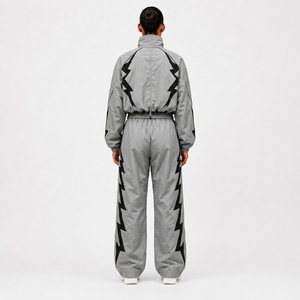 Survêtement unisexe marron à imprimé géométrique, léger, imperméable, avec fermeture éclair intégrale, col montant, coupe droite, style streetwear, printemps, 100% coton - Product Image 2
