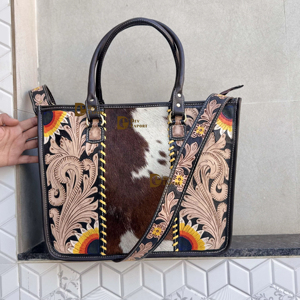 Stylish Sling Purse for Women Unique Design Hot Sale Hand Tooled Cowhide Fur <b>Genuine</b> Leather Tote Bag Multi Use - Product Image 1