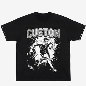 T-shirt noir personnalisé avec impression sérigraphique blanche, style tendance, manches cloutées, unisexe, décontracté, streetwear, 100% coton, coupe ample - Product Image 1
