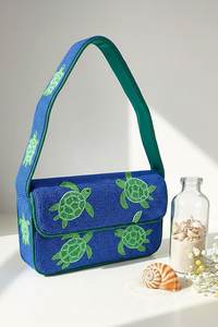 Sac à main rectangulaire en toile bleue fait main avec broderie de tortue verte - Product Image 2