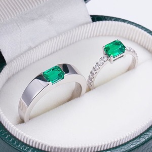 Lovely Green Emerald Cut <b>Couples</b> <b>Ring</b> 14k Solid White Gold Flat Half Eternity Band Engagement <b>Ring</b> Wedding Gift for Lover - Product Image 3
