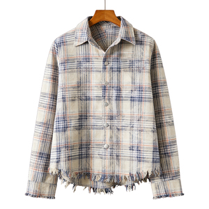 เสื้อเชิ้ตผ้าแฟลนเนลลายสก็อตแขนยาวสำหรับผู้ชาย ปกคอปกแบบพับได้ สไตล์ลำลองสำหรับฤดูใบไม้ร่วง ผ้าฝ้าย 100% กันยับ ลายพิมพ์แบบดิสเทรส - Product Image 1