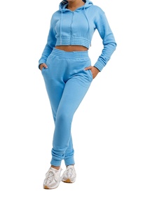 Zip Sweatshirt <b>Crop</b> <b>Top</b> Women's Suits Cotton Women's Fitting Tracksuits Custom <b>Men</b> Stacked Sweat Suit Hem Cut Hoodie Jogger - Product Image 2