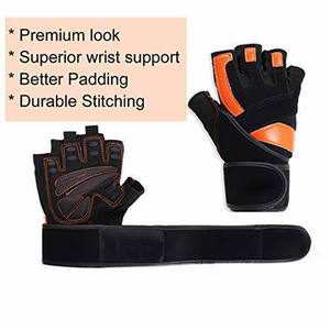 Black Orange PU Leather Fitness Gloves Anti Slip Gel Wrist Support <b>Wrap</b> For Body Building <b>Gym</b> Training And Weight Lifting - Product Image 3
