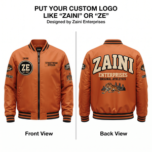 Blouson bomber unisexe coupe-vent en satin de polyester premium 240 GSM, orange et noir, avec col et poignets côtelés, et patch brodé en chenille personnalisé - Product Image 1