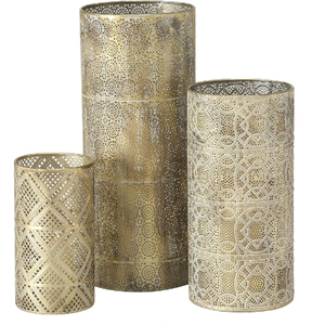 Moroccan Votive Holder <b>Set</b> of 2 Lattice Work Intricated Perforated Patterns <b>Grey</b> Patina Over Antique Gold Votive Holder - Product Image 4
