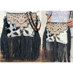 Sac bandoulière multifonctionnel personnalisé en cuir de vachette véritable, design de luxe, fait main, avec franges, style western - Product Image 1
