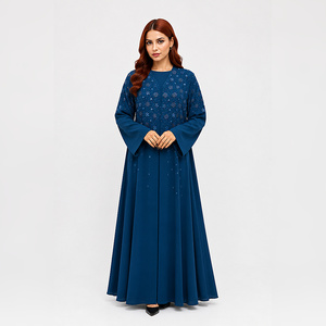 Abaya azul real para mujer con adornos florales en el cuerpo y mangas anchas para un elegante atuendo formal de longitud completa. - Product Image 1