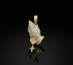 Iced Out 10K 14K Gold Statement Jewelry Moissanite Praying Hands <b>Cross</b> Pendant Hip Hop Custom <b>Charm</b> Available in Silver Gold - Product Image 1