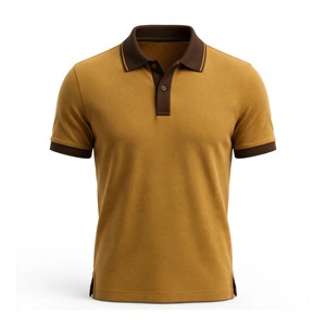 Chemise en piqué de coton pour homme, imprimé numérique, logo frontal, manches courtes, couleur unie, respirante, décontractée, col marron - Product Image 1