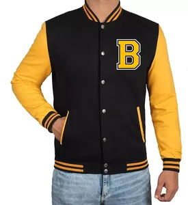 Chaqueta Varsity Negra y Amarilla para Hombre con Logotipo B Bordado, Estilo Preppy, Corte Regular, para Otoño - Product Image 2
