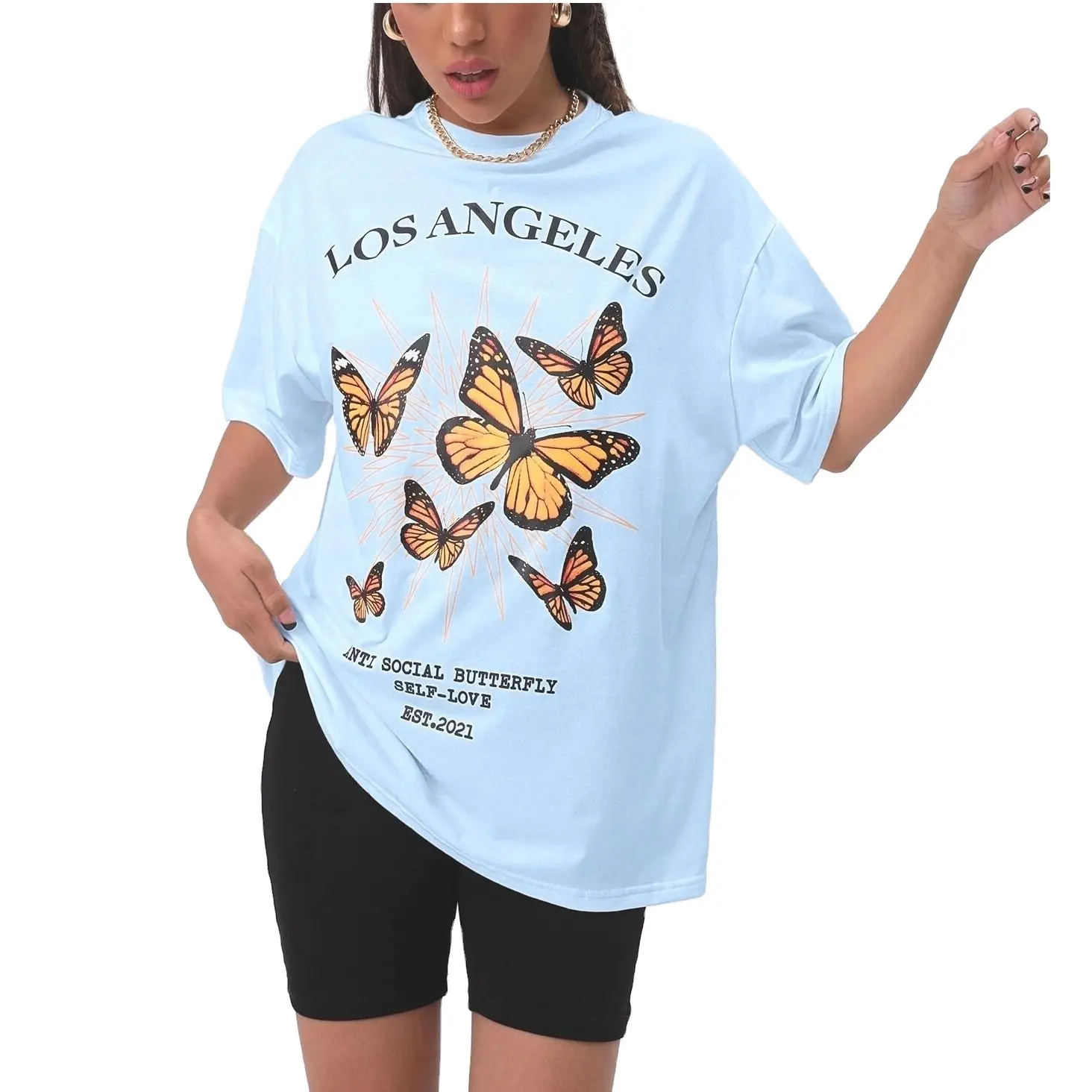 Over sized Boxy drop shoulder Loose fit Butterfly graphic tee shirt and Biker shorts set casual wear clothing women fashion tops