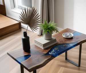 Table console en époxy Midnight Lagoon, en bois de noyer artisanal, design rivière, meuble d'appoint moderne pour entrée, décoration pour salon - Product Image 2