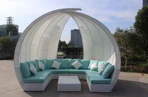 เตียงอาบแดดกลางแจ้ง เฟอร์นิเจอร์เดย์เบดสำหรับสวน โรงแรม ชายหาด ทำจากไม้สัก พร้อมหลังคาคลุมและเบาะนุ่มสบาย - Product Image 2