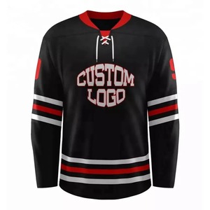 Jersey de Hockey sobre Hielo con Logotipo Personalizado, Manga Larga, Sublimado, Uniforme de Equipo, Rayas Negras, Rojas y Blancas, Manga Completa para Hombre - Product Image 1