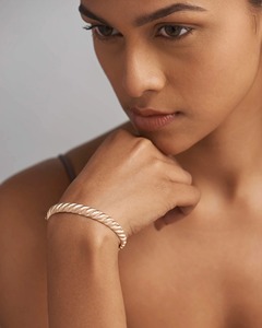 Croissant Silk <b>Gold</b> Diamond <b>Bangle</b> Natural Diamond G-H Color VS-SI Clarity 14K <b>Solid</b> Silk <b>Gold</b> Sculpted Design Piece Idea - Product Image 2