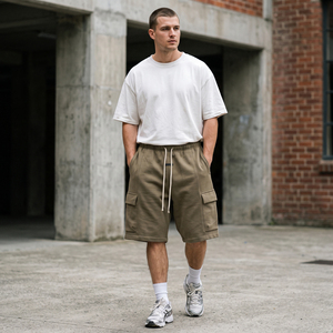 Shorts cargo pour hommes, shorts décontractés personnalisés, couleur unie, taille élastique, cordon de serrage, bermudas, vente en gros pour hommes - Product Image 1