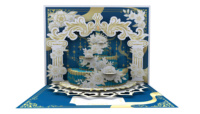 Elegante Tarjeta de Felicitación Pop-Up 3D con Impresión Digital Personalizada, Diseño Floral Azul y Dorado con Pastel, para Aniversario, Graduación, Cumpleaños
