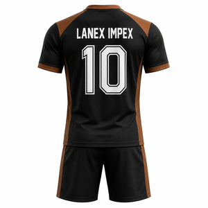 Ensemble de maillots de football personnalisés sublimés, noir et marron, manches courtes, col en V, uniforme sportif avec shorts et chaussettes assortis - Product Image 3