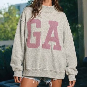 GA Custom University Style <b>Mock</b> <b>Neck</b> Sweatshirt Women Plaid Applique Letter Embroidered Cotton Fleece Crewneck - Product Image 2