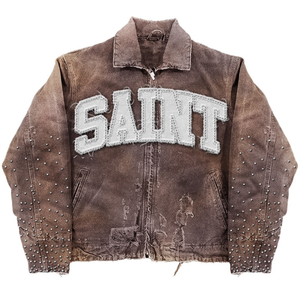 Custom Designer Vintage Oversized <b>Denim</b> Jacket Chenille Letter Patch Distressed Rhinestone Zip Up Streetwear Winter Jean <b>Coat</b> - Product Image 3