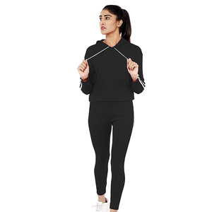 Women <b>Black</b> Hooded Tracksuit Set Full Sleeve Striped <b>Leggings</b> Sporty Athletic Wear Breathable Midweight Spring Casual Outfit - Product Image 3