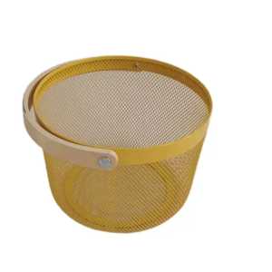 Bright Yellow Round Metal Mesh <b>Storage</b> Basket with Wooden Handle Steel Wire Fruit Bowl Decorative Picnic Bin for Home Kitchen - Product Image 1
