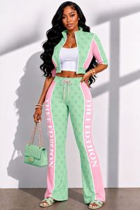 Green <b>Pink</b> Solid Contrast Yoga Set 2-Piece Bra High-Waisted Full-Length Pants Quarter-Zip Closure Three-Quarter Sleeve Active - Product Image 1
