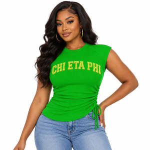 Chi Eta Phi Sorority Women's Bling <b>Rhinestone</b> Ribbed Tank <b>Top</b> Ruched Side Crew Neck Raglan Cap Sleeve Casual Crop <b>Top</b> - Product Image 1