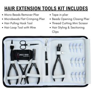 Kit d'outils pour extensions capillaires : crochet de tirage, perles à boucle, pince à sertir plate, pince de retrait, pince à ouvrir/fermer, pince pour extensions à bandes, ciseaux, pinces à clipser - Product Image 2