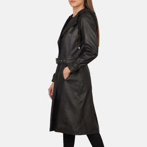 Manteau trench coupe-vent en cuir PU pour femme, style élégant et classique, avec chapeau amovible, vêtement d'extérieur long de qualité supérieure - Product Image 3