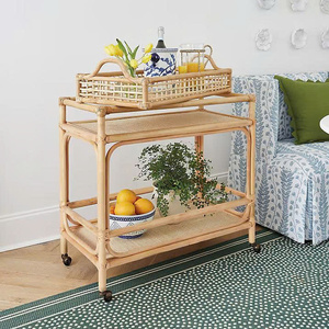 Carrito de Servicio Rodante de Ratán con 2 Estantes y 4 Ruedas Giratorias, Diseño Tropical, Muebles para Hotel - Product Image 4