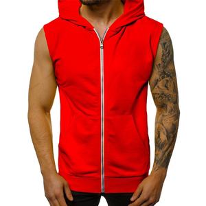 High Quality Men Gym Wear <b>Sleeveless</b> <b>Hoodies</b> For Sale Men Red Colour Zipper <b>Sleeveless</b> Gym Hoodie In Cheap Rates - Product Image 1