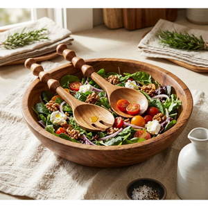 Juego de 2 Servidores de Ensalada de Madera de Acacia Hechos a Mano con Mango Único en Forma de Bobina, Cuchara y Tenedor de Madera para Cocina y Servicio - Product Image 4