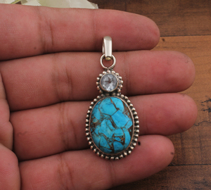 Pendentif en turquoise bleu cuivre naturel, topaze bleue, argent sterling 925 plaqué platine, serti vintage, multi-pierres précieuses - Product Image 3