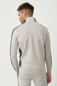 Survêtement gris clair zippé pour homme avec bandes latérales noires et logo imprimé, coupe décontractée, tricoté en polyester et coton, idéal pour l'automne - Product Image 2