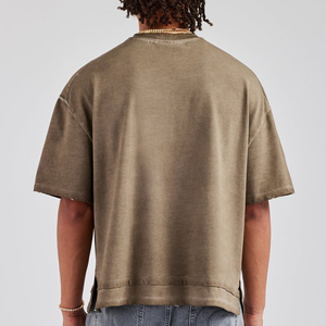 T-shirt décontracté pour homme en coton vert olive délavé à l'acide, manches courtes, avec logo imprimé sur le devant, style jersey respirant, 100 % coton - Product Image 2
