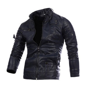 Chaqueta de Motocicleta para Hombre, con Cuello Alto, Resistente al Viento, Tallas S-3XL, Chaqueta de Cuero de Color Sólido con Cierre y Múltiples Bolsillos - Product Image 2