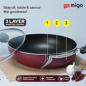 Ensemble de 4 ustensiles de cuisine antiadhésifs en aluminium revêtu, comprenant une poêle Tawa, une poêle à frire, une casserole Kadai avec couvercle en verre, garantie 1 an, multicolore - Product Image 3