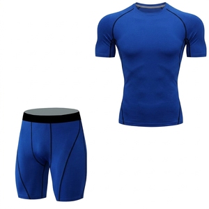 <b>Men's</b> Green <b>Compression</b> Shirt <b>Shorts</b> Set V-neck <b>Short</b> Sleeve Fitted Moisture Wicking Breathable Four-Way Stretch Eco-Friendly - Product Image 5