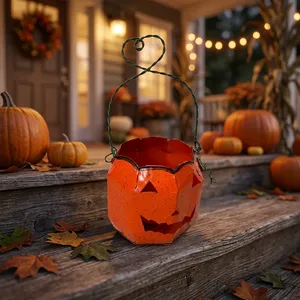 Lanterne Citrouille Métallique Artisanale – Panier Jack-o'-Lantern Orange Rustique avec Poignée en Fil Métallique en Forme de Cœur pour Décoration d'Halloween et d'Automne - Product Image 4
