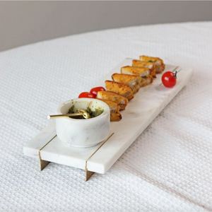 Wholesale Luxury White Marble Serving Tray Bulk Hotel Platter with Elegant Brass Inlay and Minimalist Gold Metal Footed <b>Stand</b> - Product Image 3
