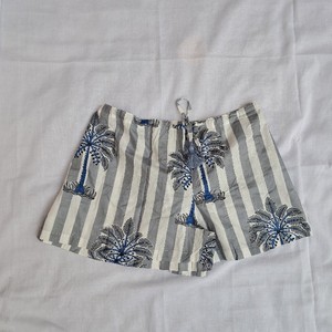 Women's Frill Pajama Set Grey White Broad Stripe Palm Tree Block Print Cotton Tassel Drawstring Waist Tropical Summer Shorts - Product Image 3